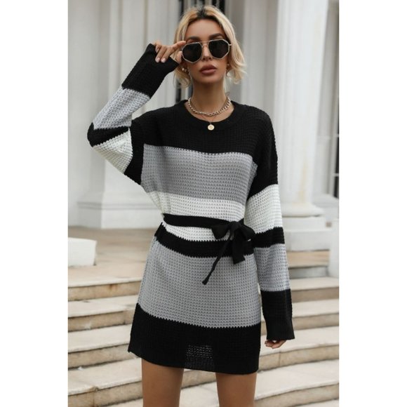 Color Block Belted Round Neck Sweater Dress - Picture 4 of 5